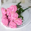 Bouquet di rose rosa artificiali, 10 teste fiori finti per decorazione matrimonio casa composizioni. - rosa scuro