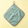 Green coral fleece hanging dishcloth with grid pattern and brown plaid border for kitchen use. - Blue Cleaning Cloths