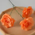 Realistic three-head artificial silk orange roses branch for wedding decor - Orange