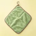 Green coral fleece hanging hand towel, absorbent kitchen dishcloth with checkered border. - Green Cleaning Cloths