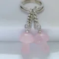 Crystal mushroom keychain detail, pink quartz double pendant charms with silver keyring. - Rose Quartz