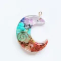 Crescent moon resin pendant detail showing colorful natural stone chips and copper spiral. - Moon (Without Rope)
