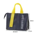 Dark blue insulated lunch bag with yellow handles, waterproof PU bento bag, 26.5x20x17cm - Navy Blue