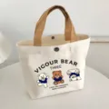 Canvas tote bag with cute bear print, casual brown handle hand bag for daily use. - Regular / Posing Bear / Off White