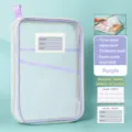 Transparent mesh file bag with purple trim, L-shaped large opening and label pocket for school. - Purple