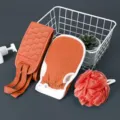 3-piece exfoliating bath set with back scrubber, bath mitt and soft mesh sponge for daily shower. - Brick Red