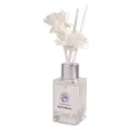 Minimalistisches Raumduft Set mit weissen Blumen Duftstäbchen und Glasflasche für Zuhause. - Violett / 50ml