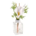 Diffuseur d'arôme en bouteille de verre carrée transparente avec fleur de calla blanche et tiges. - Le magicien d'Oz vert