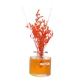 Quadratischer Glas-Raumduft mit gelber Flüssigkeit, weißen Stäben und orangen Trockenblumen 50ml - Zitrus (Orange)