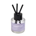 Glass reed diffuser bottle with black sticks and purple label for home aroma decoration. - Purple - Aromatherapy (Scent: Jasmine)
