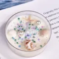 Handmade seashell scented soy wax candle in clear glass cup with glitter and starfish. - Shell Sequins - White [Jasmine] / Approx. 30g