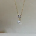 Gold stainless steel necklace with sparkling zircon and elegant white pearl pendant - Round Rhinestone Pearl Necklace