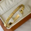 Eleganter 18 Karat vergoldeter Edelstahl-Kristallarmreif in einer luxuriösen Schmuckschatulle - Vertikaler Streifen Strass Stil / 60mm Innendurchmesser