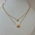 Double layer gold stainless steel necklace with heart and crystal pendants - Double Layer Heart Rhinestone Necklace