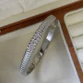 Elegant textured silver stainless steel bangle bracelet with sparkling rhinestone inlay - 7-Row Stones Style / Silver