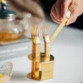 Goldfarbenes Edelstahl Obstgabel Set mit Halter, 6 Stk. Kuchengabeln Dessert. - Aufbewahrungsregal / Einzelverkauf / Gold