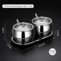 304 stainless steel seasoning jar set with tray and spoons, 2-piece set in silver finish - 2 Pcs/Set / 2 Pieces/Pack (With Spoons And Base)