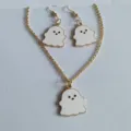Close-up of Halloween ghost jewelry set with gold necklace and matching drop earrings. - Pendant Only (Without Chain) / White 2