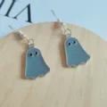 Boucles d'oreilles Halloween fantôme bleu sur fond de bois naturel - Pendentif Uniquement (Sans Chaîne) / Gris