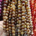 Perles rondes en calcédoine colorée en pierre précieuse pour bracelet DIY bijoux - Marron et Blanc