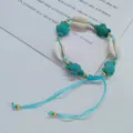 Bohemian natural shell woven bracelet with turquoise turtle beads and adjustable cord beach style. - Blue Cord Turtle