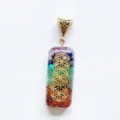 Colorful chakra resin gemstone rectangular pendant with sacred geometry flower of life design. - Size 6 Without Cord