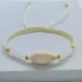 Handmade braided cowrie shell bracelet with white beads and adjustable pull cord style - White Flat Knot Style