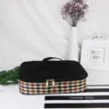 Borsa porta pranzo portatile, parte superiore nera e fondo a quadri, cerniere resistenti. - Borsa Termica