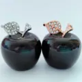 Crystal apple ornament with rhinestone leaf, home decor desktop decoration for gift, 2pcs set. - Obsidian