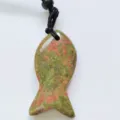 Natural crystal fish pendant necklace with black braided cord for daily wear accessories. - Unakite