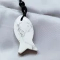 Natural white stone fish pendant necklace with black braided rope chic jewelry gift - White Turquoise