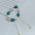 Bohemian natural shell braided bracelet with turquoise turtle charms and adjustable wax cord. - Beige Cord Blue Turtle