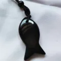 Natural crystal black fish pendant necklace with woven cord, lucky Chinese style jewelry gift. - Obsidian
