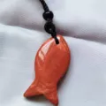 Natural red crystal fish pendant necklace with black braided cord for daily wear accessory - Red Jasper
