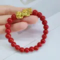 Bracelet de perles rouges avec charme pixiu en or style chinois rétro femmes bijoux - Faux Cinabre