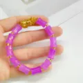 Bracelet en perles violettes bambou avec charm pixiu doré bijou style chinois femme - Joint de bambou violet