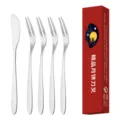 Edelstahl Obstgabel und Kuchenmesser Set mit Geschenkbox, ideal für Desserts und Gebäck. - 1 Messer 4 Gabeln Rote Box Set / Silber