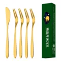 Edelstahl Obstgabel Mondkuchen Messer Set mit edler Geschenkbox, goldenes Besteck. - 1 Messer 4 Gabeln Grüne Box Set / Gold