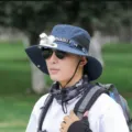 Men's outdoor sun protection bucket hat with built-in portable fan wide brim hiking cap. - One Size / Navy Blue