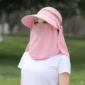 Pink women sun visor hat with detachable face mask and neck flap for summer outdoor UV protection. - One Size / Pink