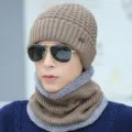 Men's winter knit beanie hat and fleece neck warmer set close-up detail for outdoor cycling. - Khaki