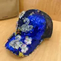 Berretto da baseball con paillettes blu e strass, design cigno di cristallo, retro in rete. - Regolabile / Cigno blu reale