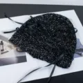 Fashionable black sequin knit beanie hat with elegant ribbon tie straps for women winter warm - Ribbon Lace-up Sequined Style