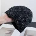 Black sequin knit beanie hat for women, sparkling winter warm wool cap, stylish slouchy headwear. - Basic Plain Sequined Style