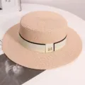 Women summer straw hat flat top boater hat beach sunhat with M metal logo ribbon chic - One Size / Pink