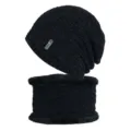 Winter black knitted beanie and thick fleece lined neck warmer set, product detail view. - One Size / Black