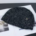 Black sequin knit beanie hat for women winter fashion warm stylish cap sparkle chic - Metal Badge Letter Style