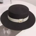 Black straw boater hat for women summer beach elegant flat top sun hat with white ribbon. - One Size / Black