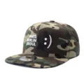 Camouflage flat brim baseball cap featuring embroidered city text and stylish smiley face design. - Adjustable / Style 2
