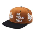 Close-up of BE YOUR SELF 3D white embroidery on a brown and black street style snapback hat. - Adjustable / Brown Black Patchwork Style (4)